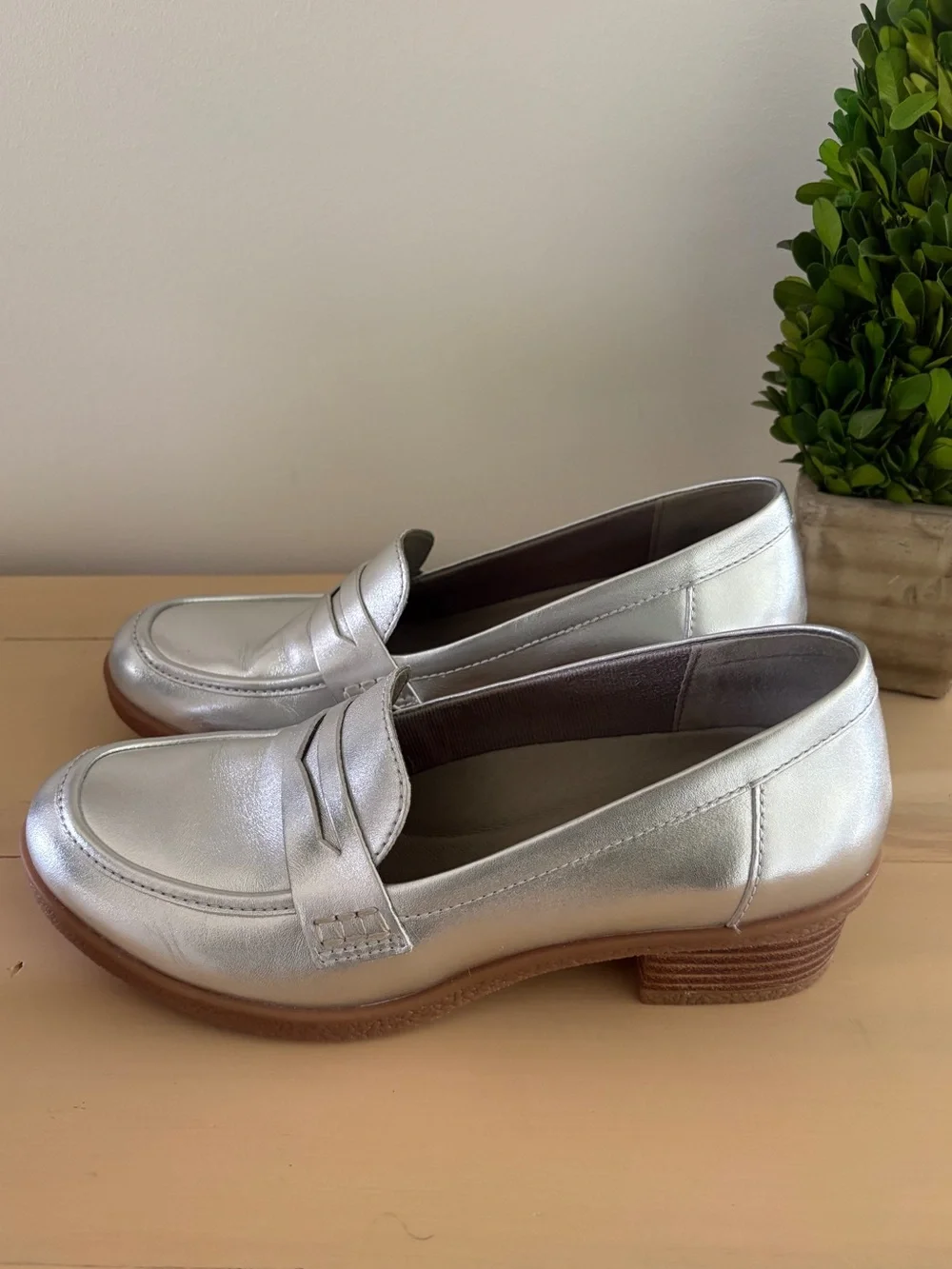 Dansko Metallic Silver Leather Penny Loafers